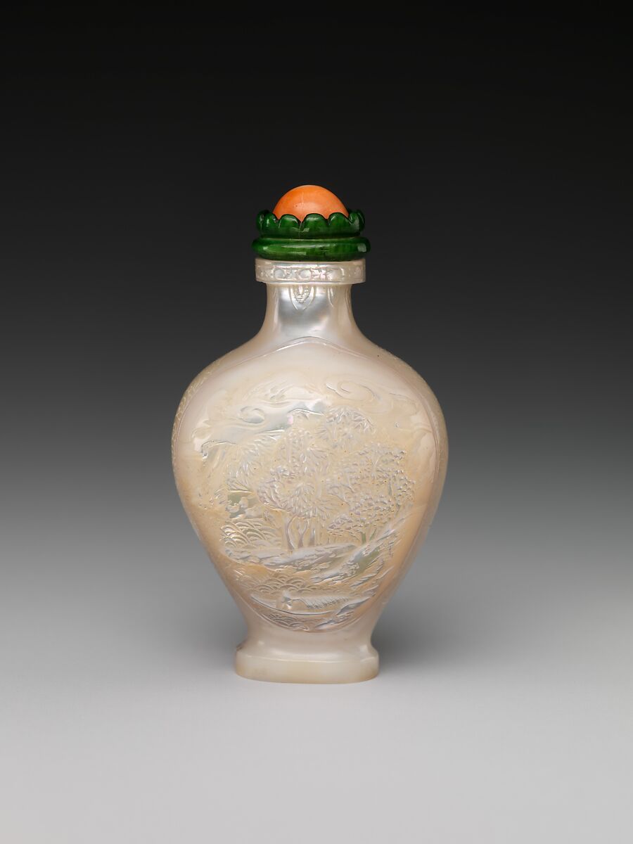 Snuff bottle with landscape, Mother-of-pearl with stained ivory and coral stopper, China