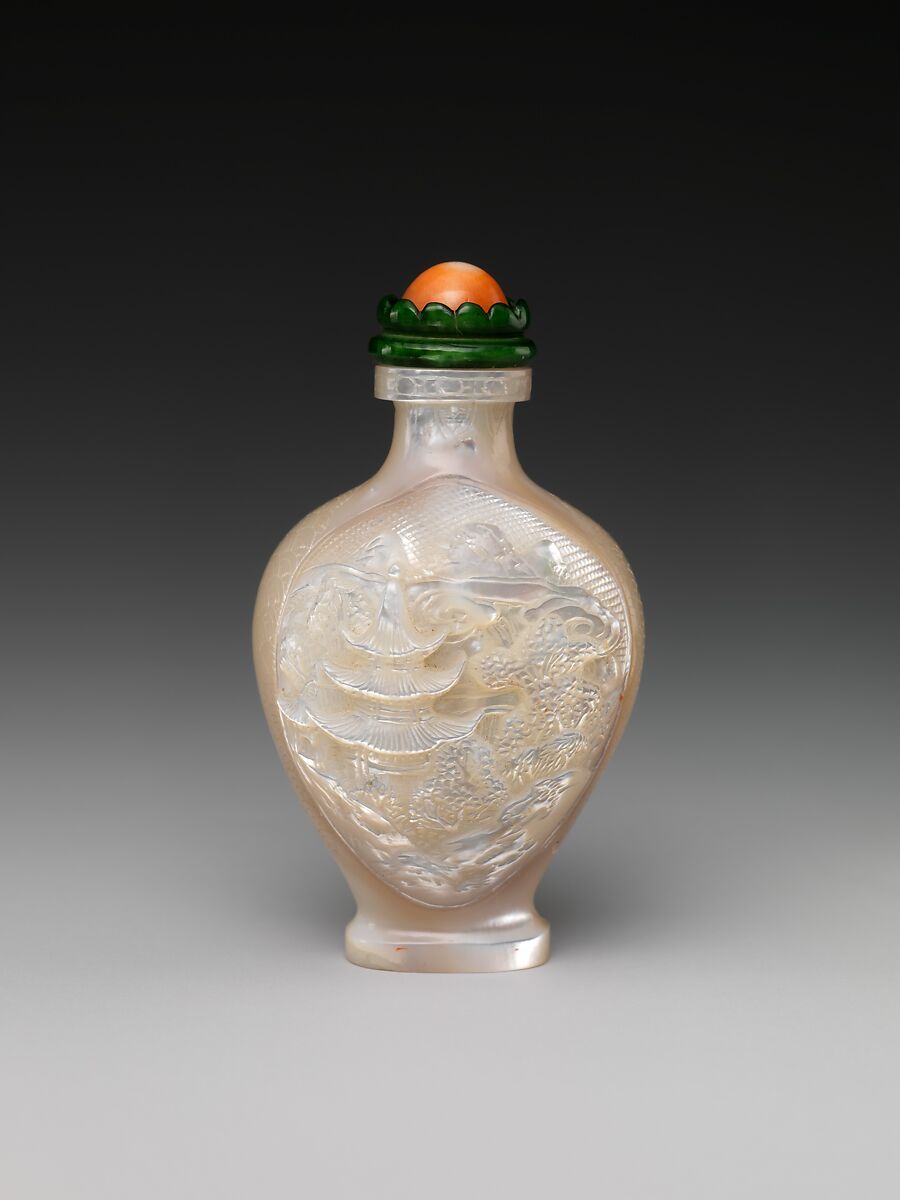 Snuff bottle with landscape, Mother-of-pearl with stained ivory and coral stopper, China 