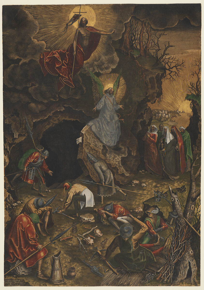 The Resurrection, Philips Galle  Netherlandish, Engraving; first state of three; hand colored in gold, red, green blue yellow, brown and white.