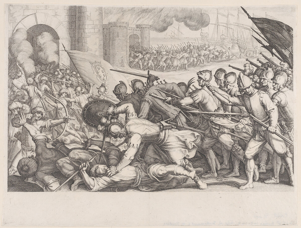 Les Troupes Forcent la Porte d'une Ville (The Troops Force Their Way Through the Gate of a City), from La Vie de Ferdinand Ier de Médicis série appelée aussi Les Batailles des Médicis (The Life of Ferdinand I de'Medici also called The Medici Battles), Jacques Callot (French, Nancy 1592–1635 Nancy), Engraving; first state of two (Lieure) 