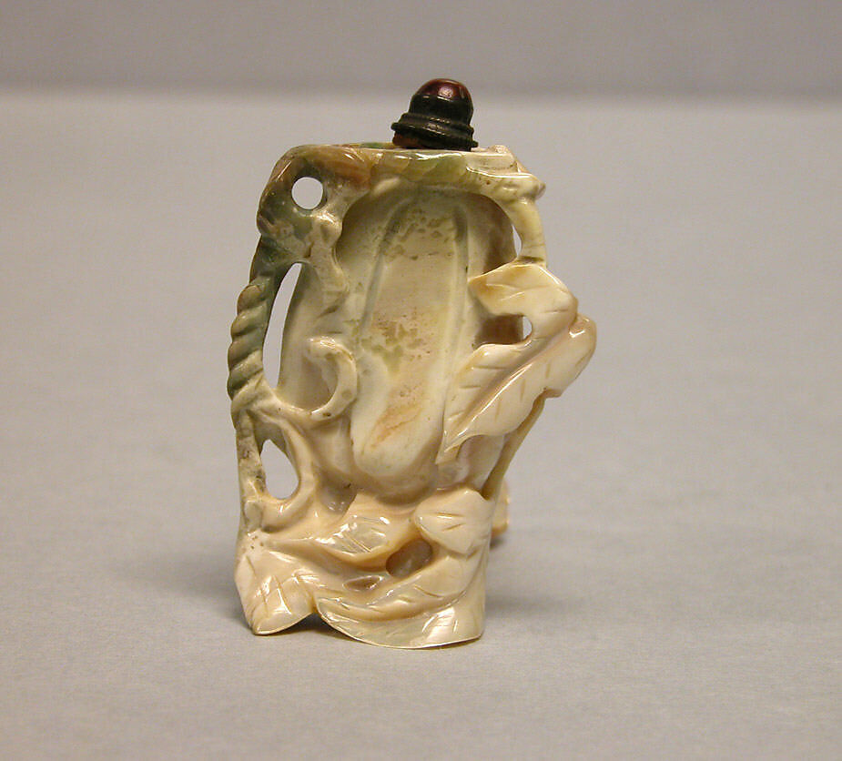 Snuff Bottle, Cut shell with silver stopper and red stone, China