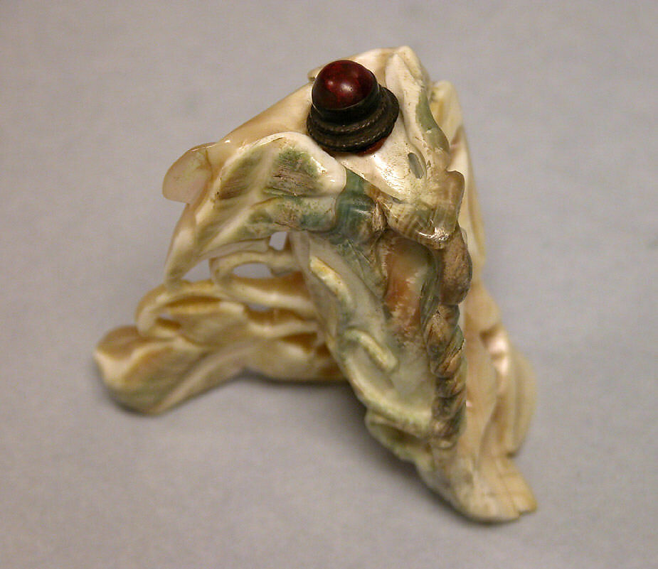 Snuff Bottle, Cut shell with silver stopper and red stone, China