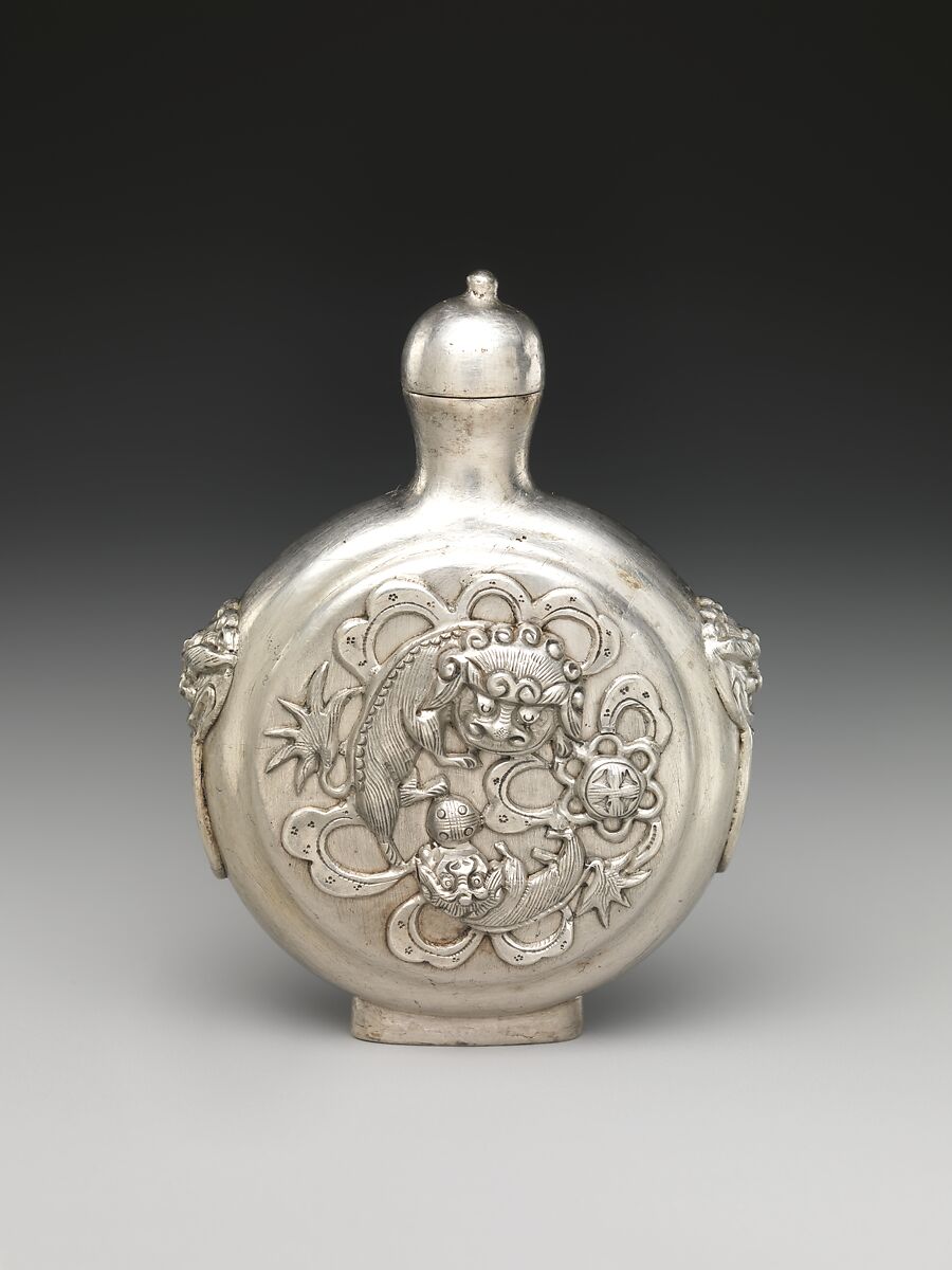 Snuff Bottle with Lions, Silver, China