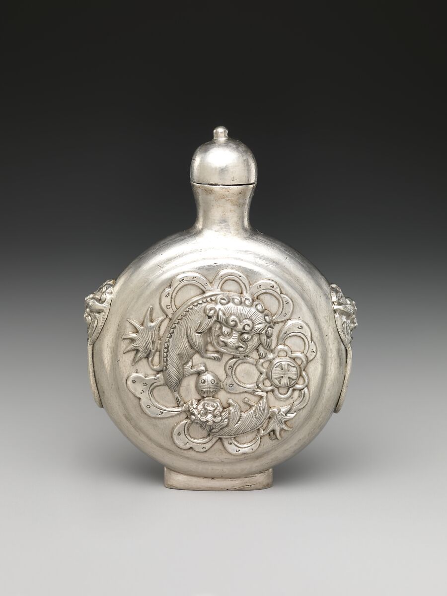 Snuff Bottle with Lions, Silver, China 