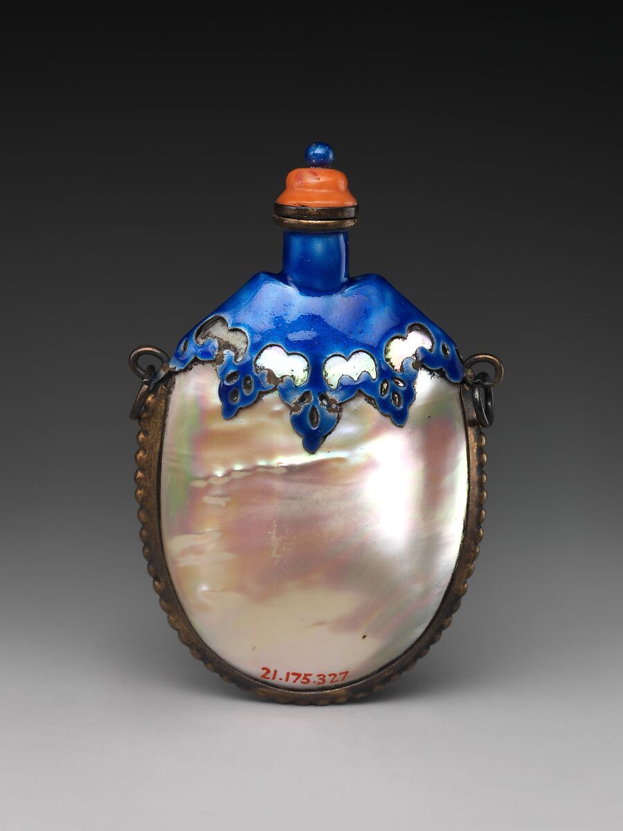 Snuff Bottle, Mother-of-pearl shells, brass fittings and blue enamel, red glass stopper, China