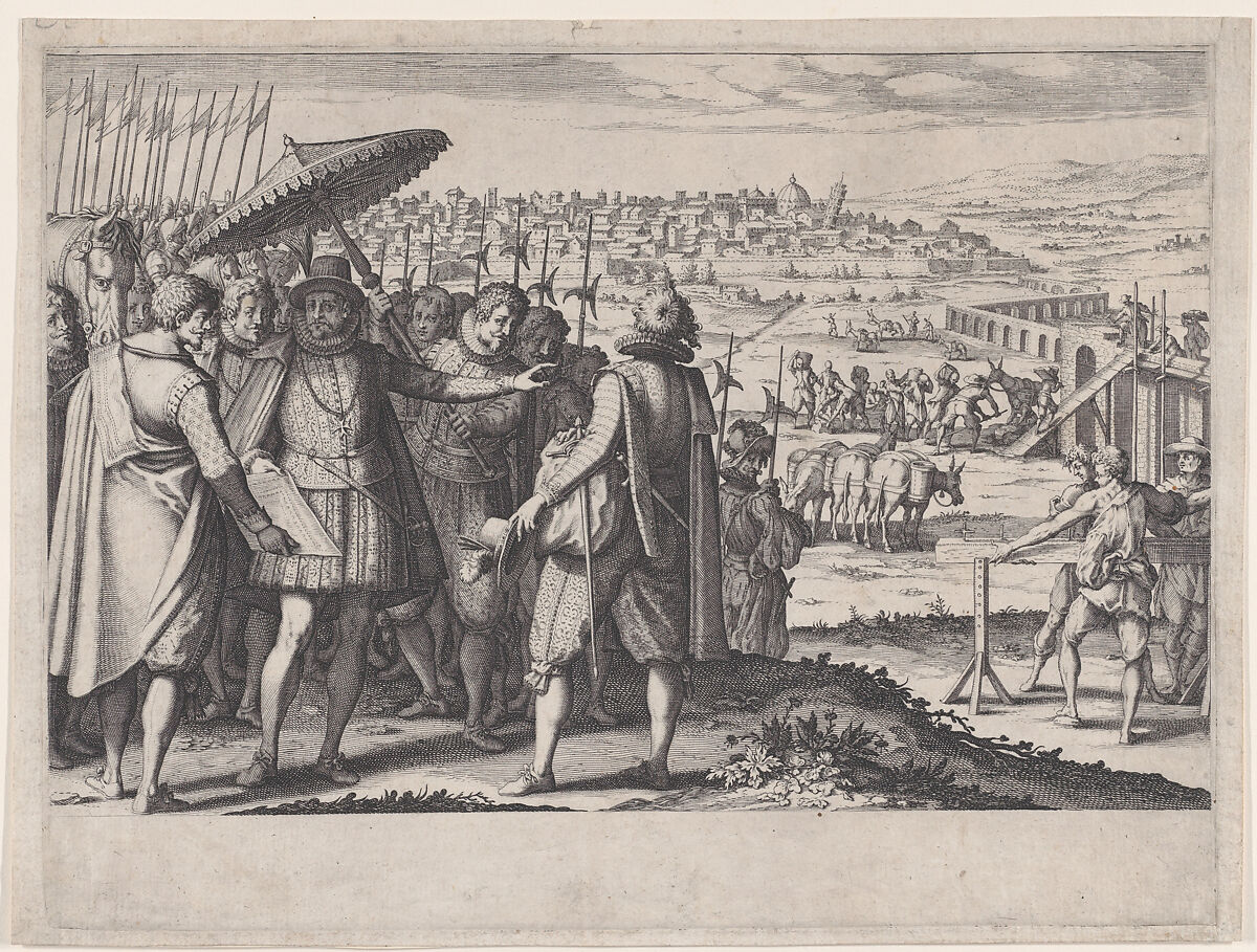 Restauration de L'Aqueduc de Pise (Restoring the Aqueduct in Pisa), from La Vie de Ferdinand Ier de Médicis série appelée aussi Les Batailles des Médicis (The Life of Ferdinand I de'Medici also called The Medici Battles), Jacques Callot (French, Nancy 1592–1635 Nancy), Engraving; first state of two (Lieure) 