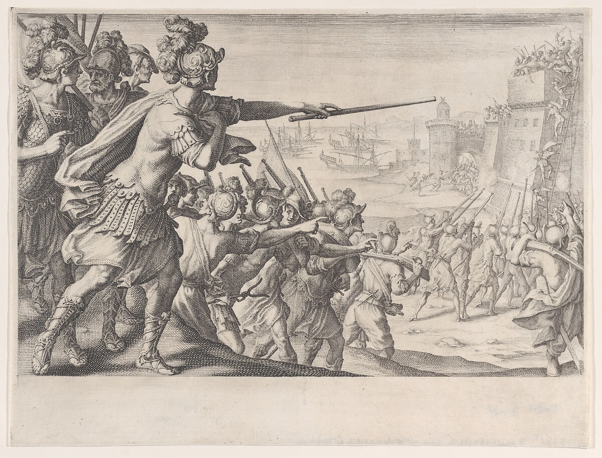 Prise de la Ville de Bone (Capture of the City of Bone), from La Vie de Ferdinand Ier de Médicis série appelée aussi Les Batailles des Médicis (The Life of Ferdinand I de'Medici also called The Medici Battles), Jacques Callot (French, Nancy 1592–1635 Nancy), Engraving; first state of two (Lieure) 