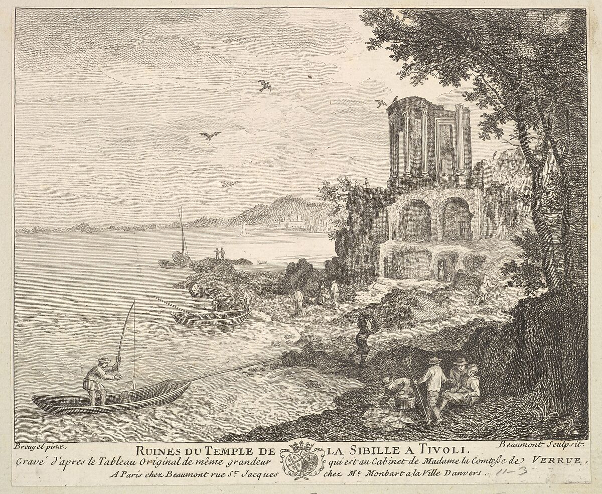 Ruins of the Temple of the Sybil in Tivoli (Ruines du Temple de la Sibille a Tivoli) after the painting in the collection of Madame la Comtesse de Verrue, Pierre François Beaumont (French, 1719 ?–after 1777), Etching and engraving 