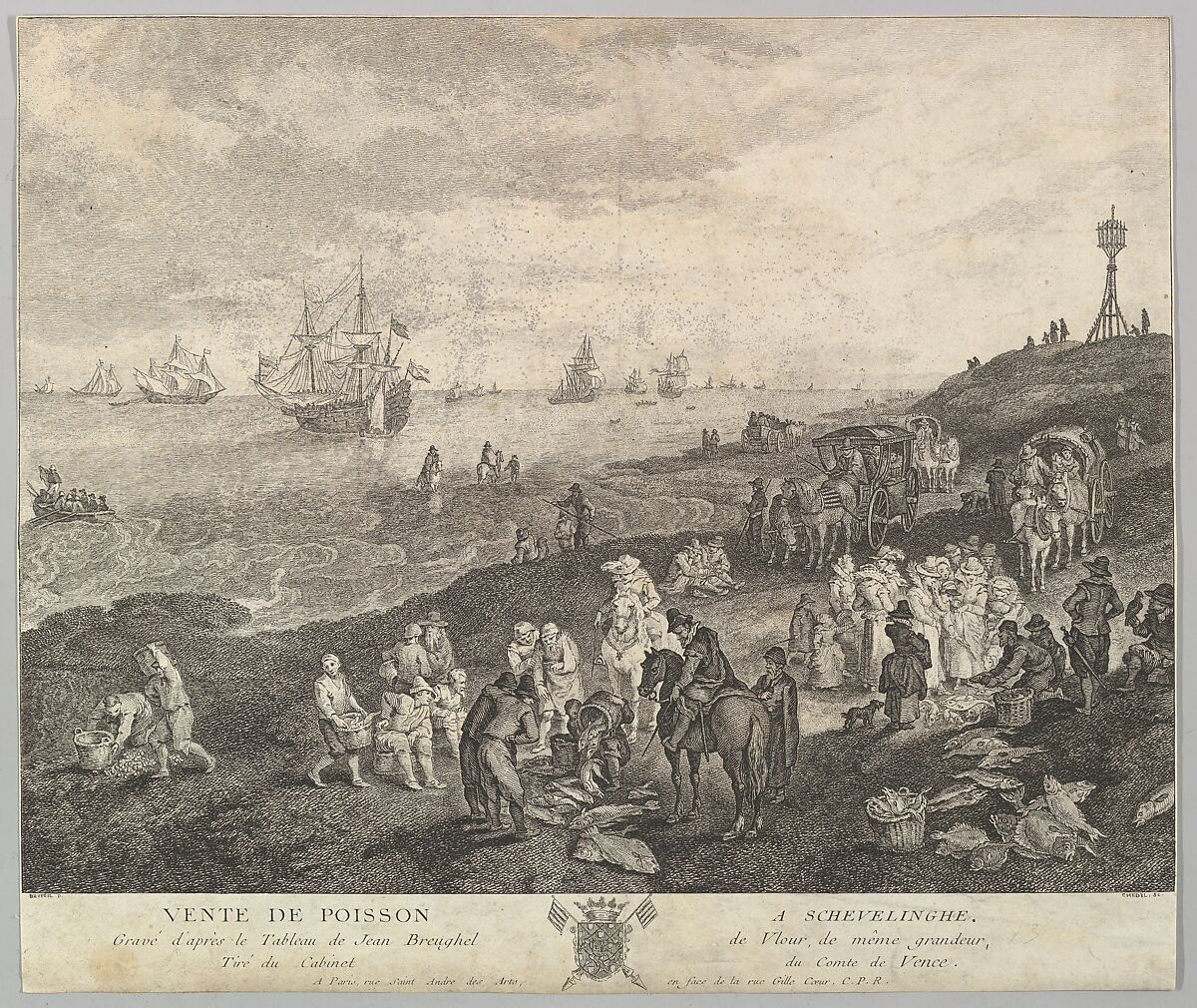 Selling Fish at Scheveningen (Vente de Poisson a Schevelinghe [sic]) after the painting in the collection of the  Comte de Vence, Quentin Pierre Chedel (French, Châlons-en-Champagne 1705–1763 Châlons-en-Champagne), Etching and engraving 