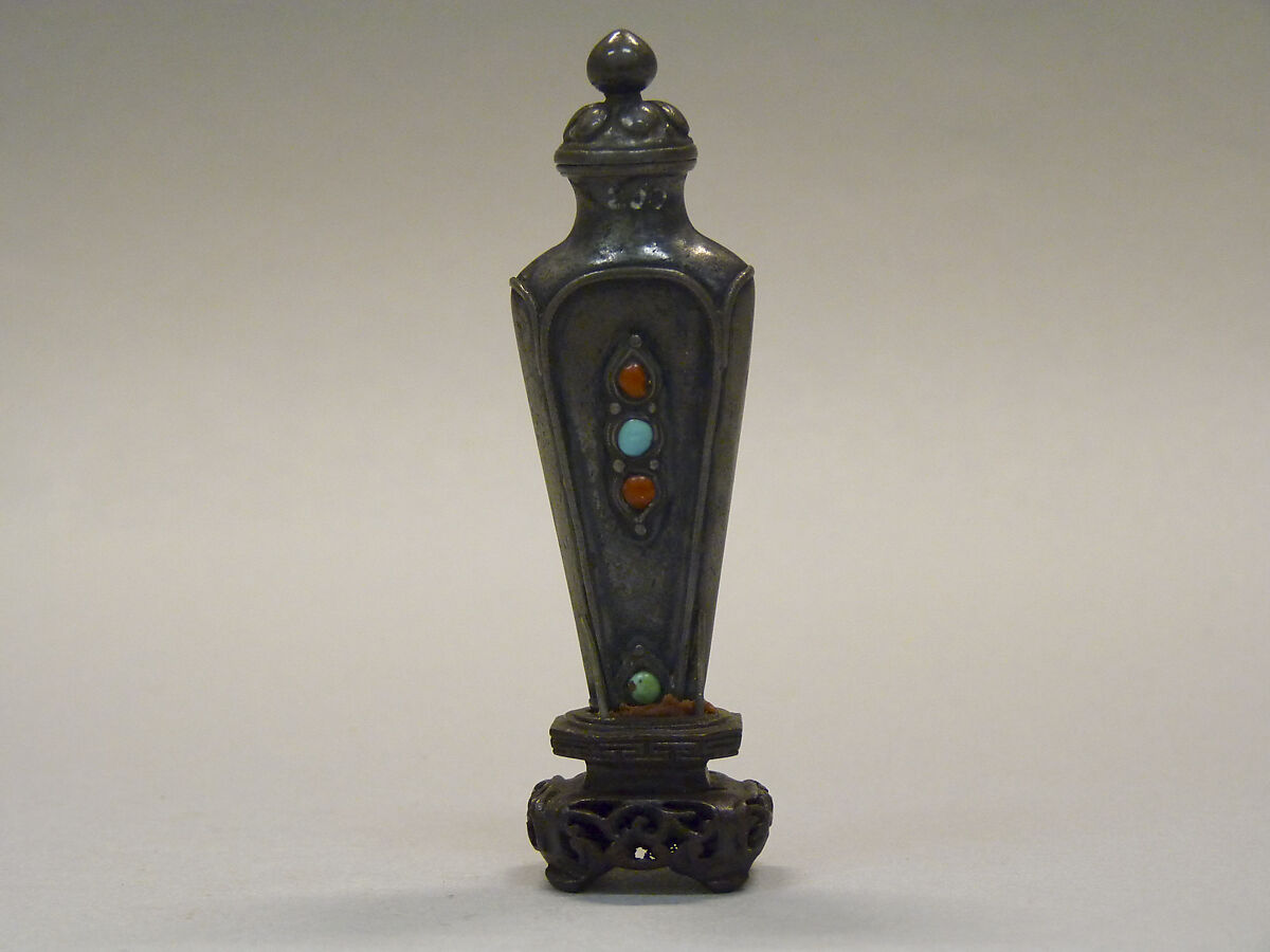 Snuff Bottle, Silver with inlaid stones, China 