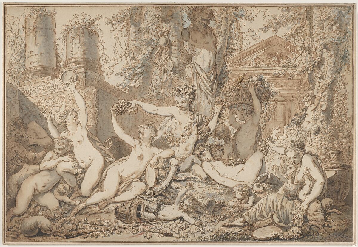 Bacchanal, Jean Jacques François Le Barbier (French, Rouen 1738–1826 Paris), Black chalk, pen and brown ink, brush and brown and gray wash with touches of watercolor 