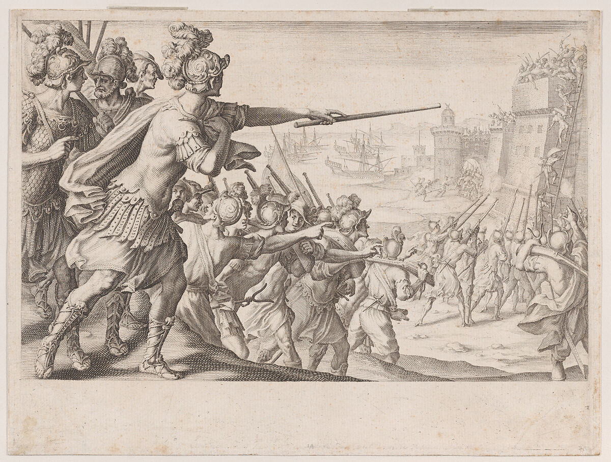 Prise de la Ville de Bone (Capture of the City of Bonne), from "La Vie de Ferdinand Ier de Médicis série appelée aussi Les Batailles des Médicis" (The Life of Ferdinand I de'Medici also called The Medici Battles), Jacques Callot (French, Nancy 1592–1635 Nancy), Engraving; first state of two (Lieure) 