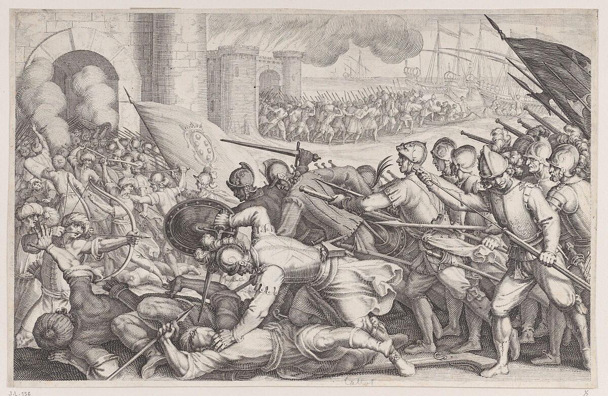 Les Troupes Forcent la Porte d'une Ville (The Troops Force Their Way Through the Gate of a City), from "La Vie de Ferdinand Ier de Médicis série appelée aussi Les Batailles des Médicis" (The Life of Ferdinand I de'Medici also called The Medici Battles), Jacques Callot (French, Nancy 1592–1635 Nancy), Engraving; first state of two (Lieure) 