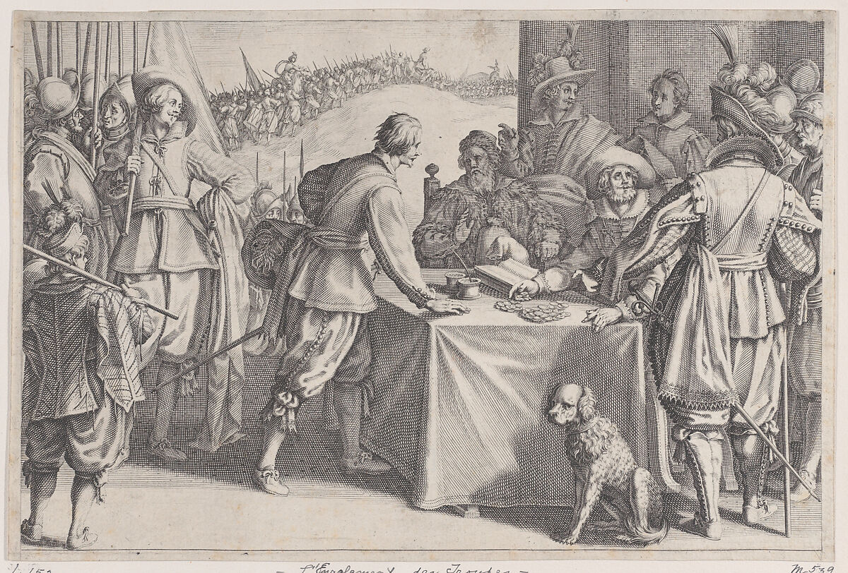 L'Enrolement des Troupes (The Enlistment of Troops), from "La Vie de Ferdinand Ier de Médicis série appelée aussi Les Batailles des Médicis" (The Life of Ferdinand I de'Medici also called The Medici Battles), Jacques Callot (French, Nancy 1592–1635 Nancy), Engraving; first state of two (Lieure) 