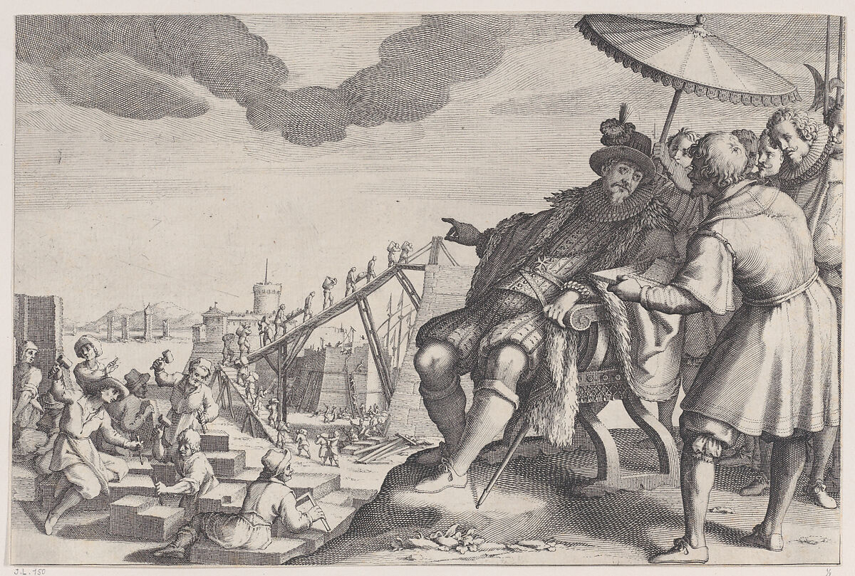 Le Grand Duc Fait Fortifier le Port de Livourne (The Grand Duke Fortifying the Port of Livourne), from "La Vie de Ferdinand Ier de Médicis série appelée aussi Les Batailles des Médicis" (The Life of Ferdinand I de'Medici also called The Medici Battles), Jacques Callot (French, Nancy 1592–1635 Nancy), Engraving; first state of two (Lieure) 