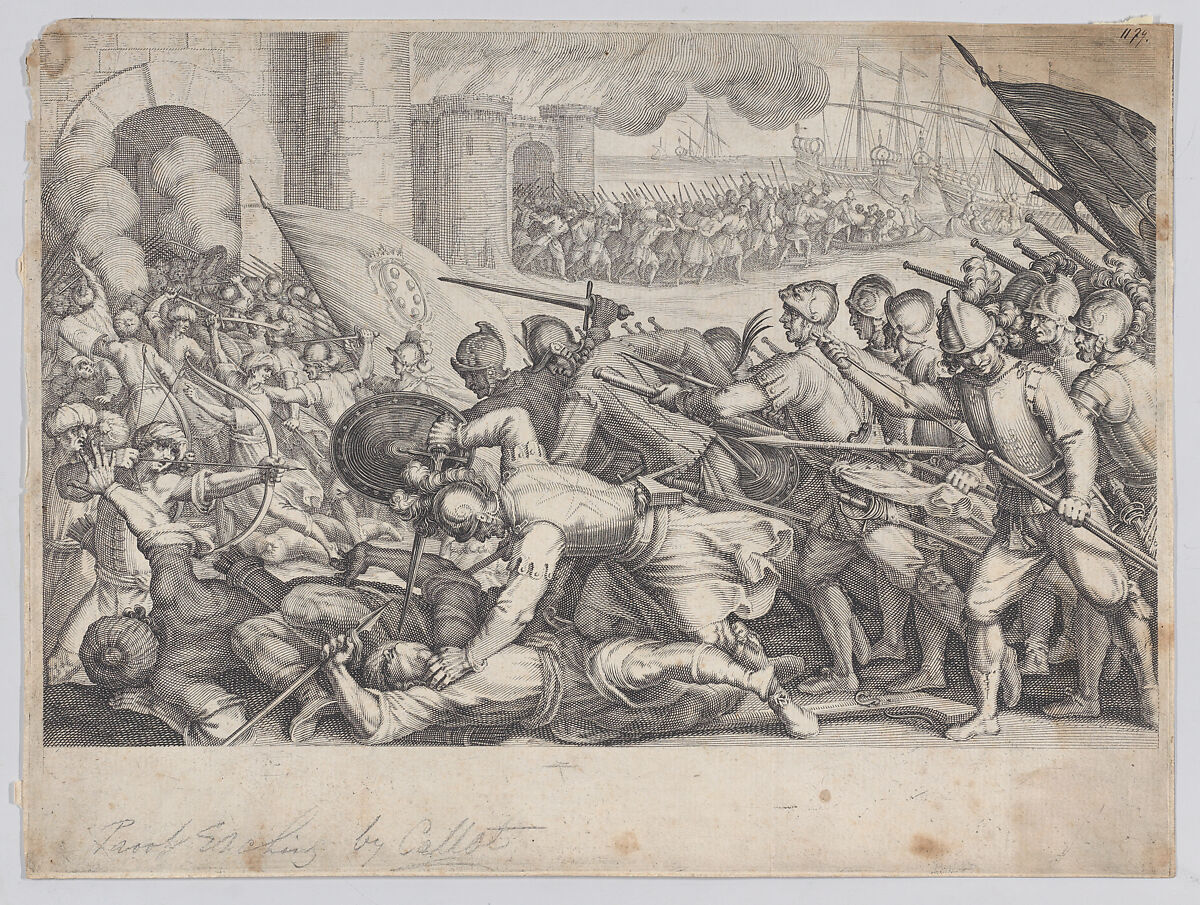 Les Troupes Forcent la Porte d'une Ville (The Troops Force Their Way Through the Gate of a City), from La Vie de Ferdinand Ier de Médicis série appelée aussi Les Batailles des Médicis (The Life of Ferdinand I de'Medici also called The Medici Battles), Jacques Callot (French, Nancy 1592–1635 Nancy), Engraving; first state of two (Lieure) 