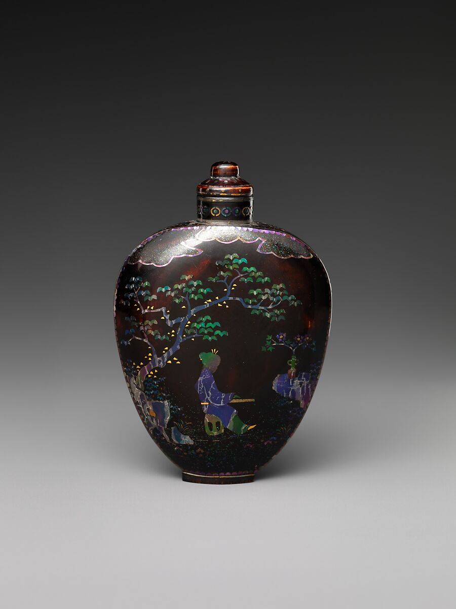 Snuff bottle with woman in a garden, Black lacquer inlaid with mother-of-pearl, China 