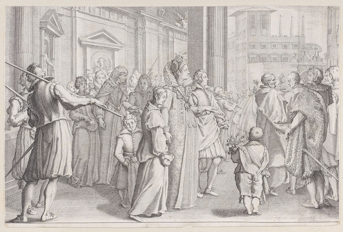 La Grande Duchesse Marie des Jeunes Filles, from "La Vie de Ferdinand Ier de Médicis série appelée aussi Les Batailles des Médicis" (The Life of Ferdinand I de'Medici also called The Medici Battles), Jacques Callot (French, Nancy 1592–1635 Nancy), Engraving; first state of two (Lieure) 