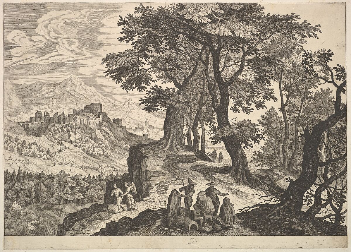 Landscape with Tobias and the Angel and Gypsies, Aegidius Sadeler II (Netherlandish, Antwerp 1568–1629 Prague), Engraving 