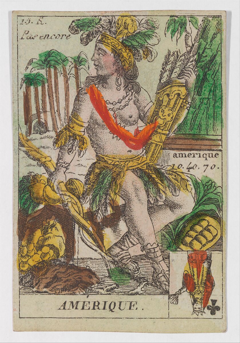 Amerique, from the playing cards (for quartets) "Costumes des Peuples Étrangers", Anonymous, French, 18th century, Etching and hand coloring (watercolor) 