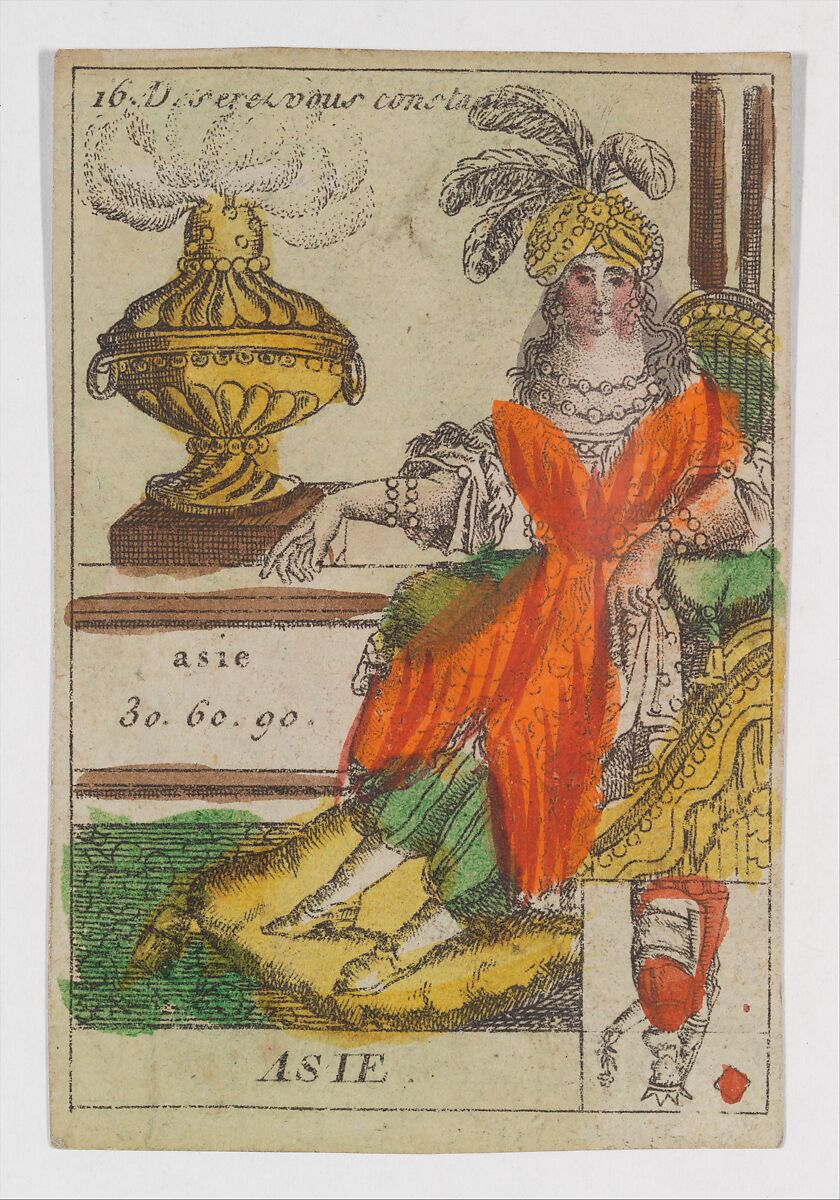 Asie, from the playing cards (for quartets) "Costumes des Peuples Étrangers", Anonymous, French, 18th century, Etching and hand coloring (watercolor) 