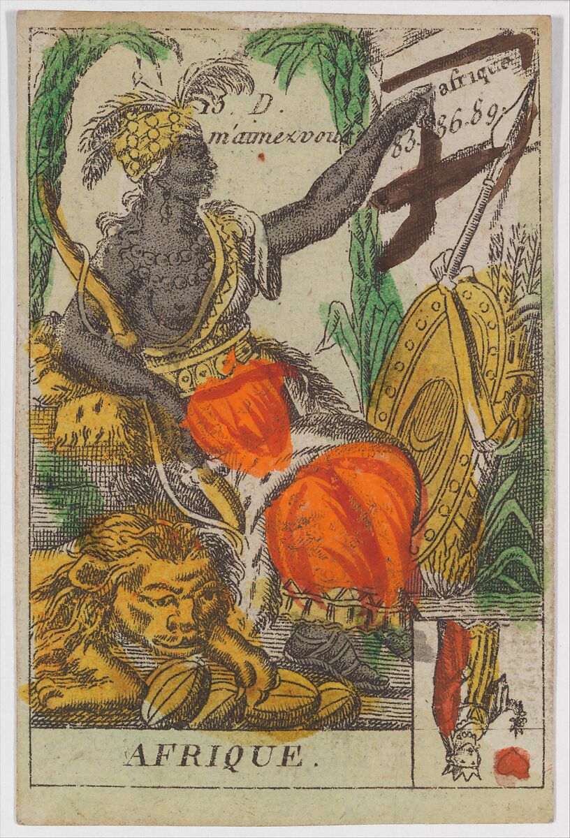 Afrique, from the playing cards (for quartets) "Costumes des Peuples Étrangers", Anonymous, French, 18th century, Etching and hand coloring (watercolor) 