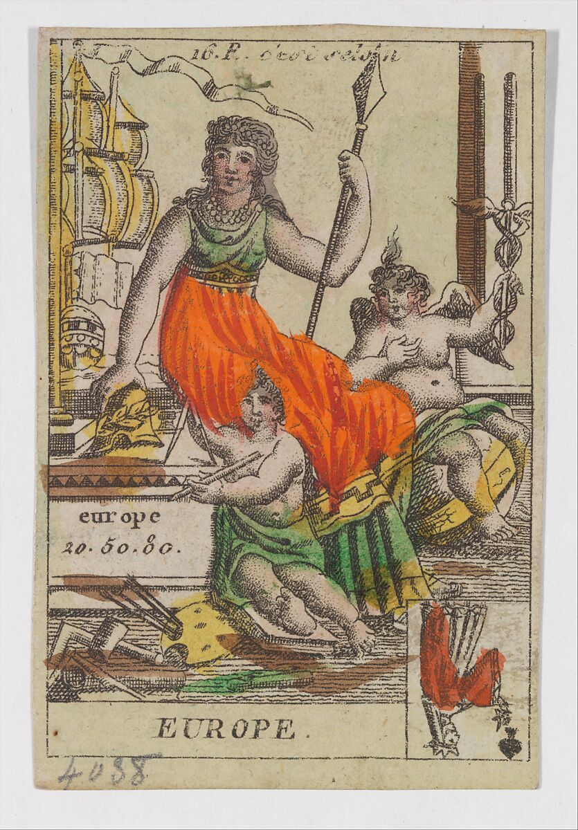 Allegory of Europe, from the playing cards (for quartets) "Costumes des Peuples Étrangers", Anonymous, French, 18th century, Etching and hand coloring (watercolor) 