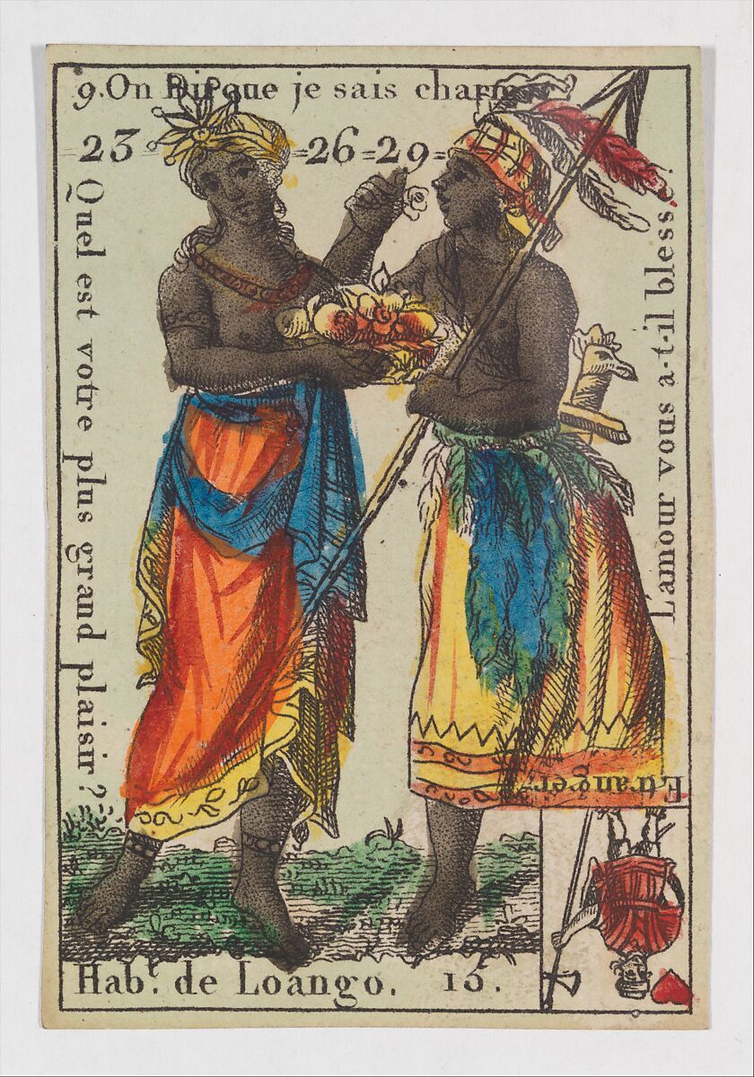 Hab.t de Loango, from the playing cards (for quartets) "Costumes des Peuples Étrangers", Anonymous, French, 18th century, Etching and hand coloring (watercolor) 