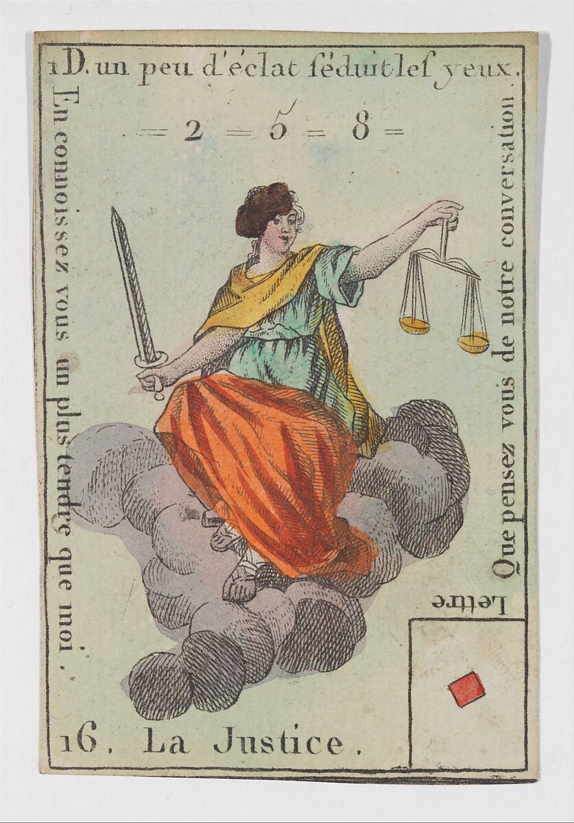 La Justice, from the playing cards (for quartets) "Costumes des Peuples Étrangers", Anonymous, French, 18th century, Etching and hand coloring (watercolor) 