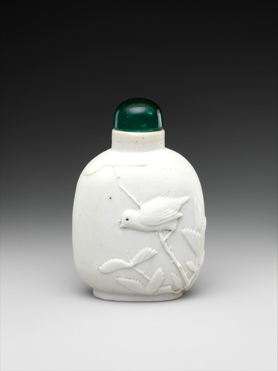 Snuff bottle with bird on a branch, Porcelain with green glass stopper, China 