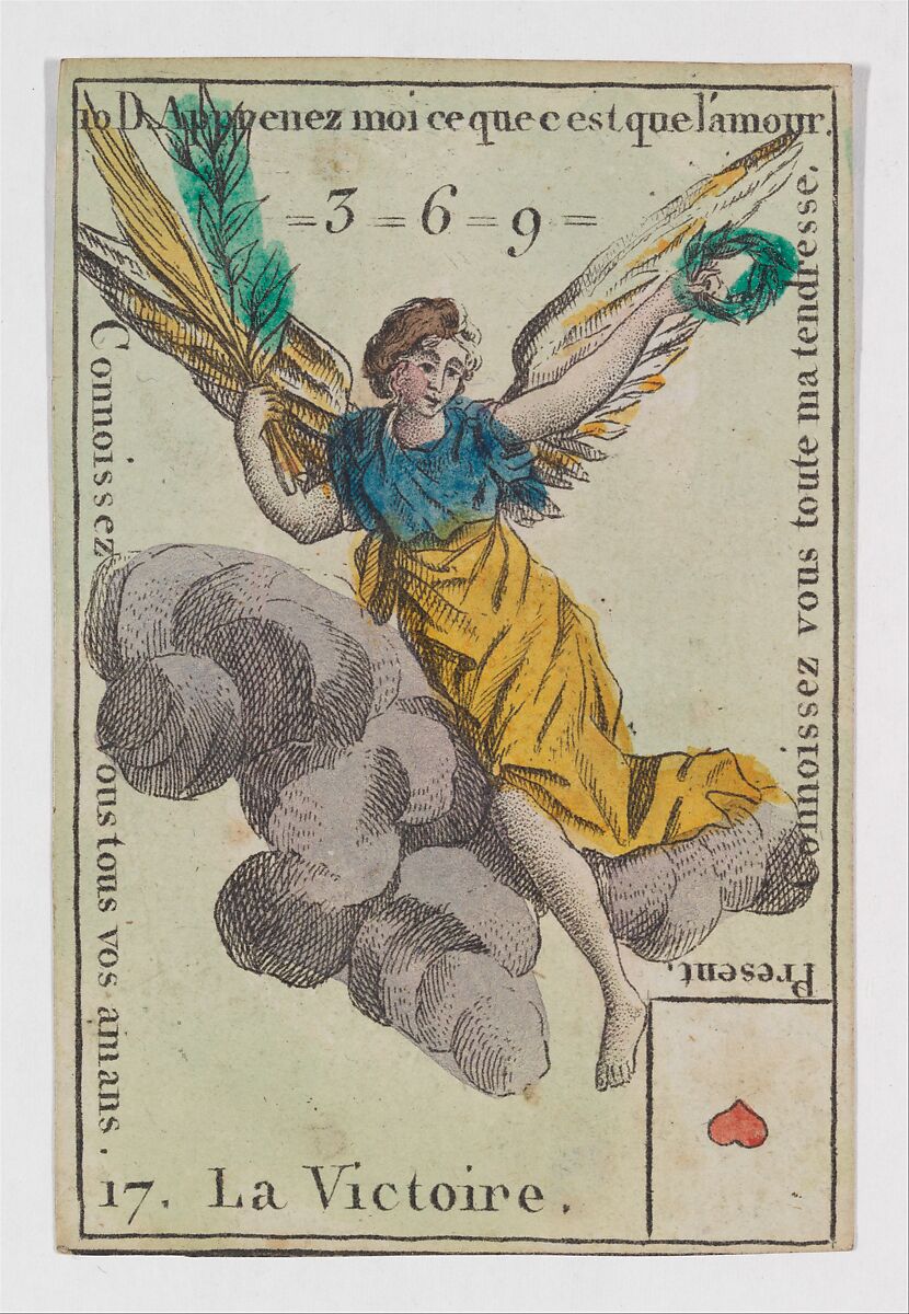 La Victoire, from the playing cards (for quartets) "Costumes des Peuples Étrangers", Anonymous, French, 18th century, Etching and hand coloring (watercolor) 