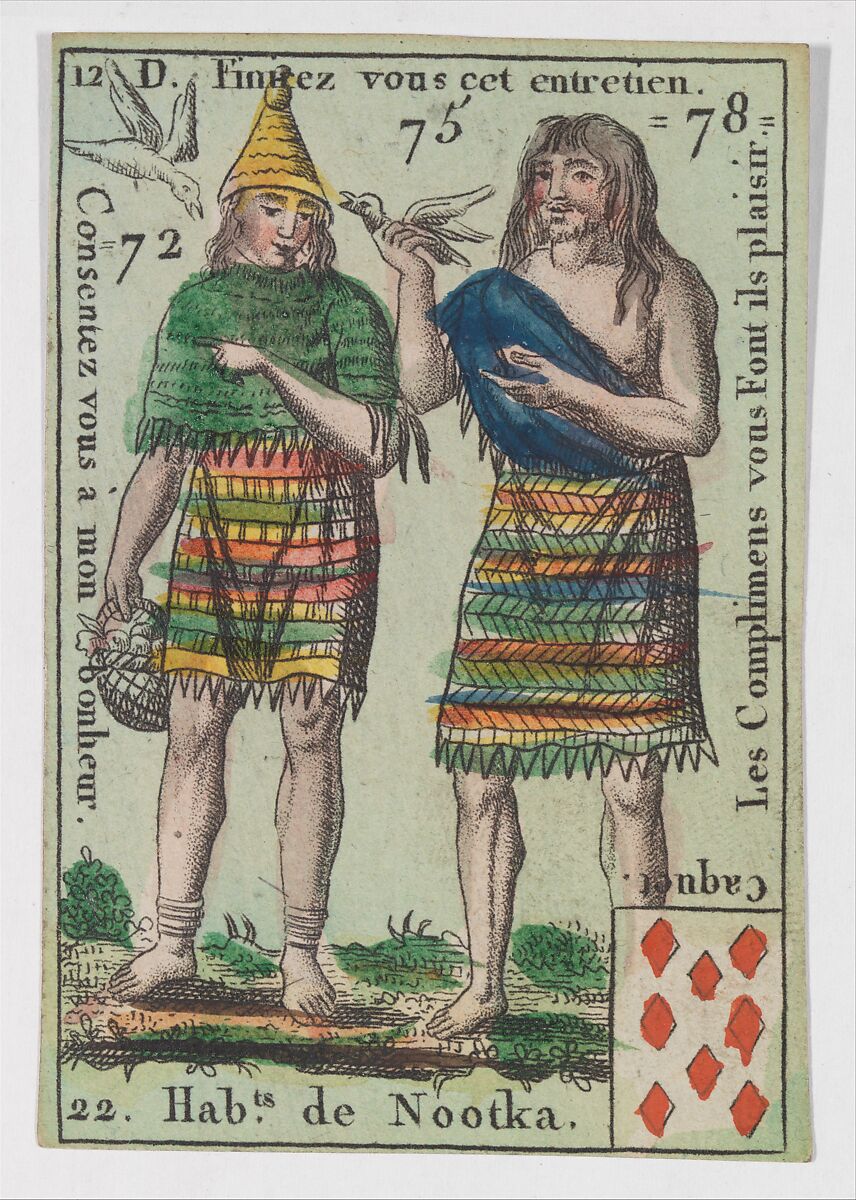 Hab.t de Nootka, from the playing cards (for quartets) "Costumes des Peuples Étrangers", Anonymous, French, 18th century, Etching and hand coloring (watercolor) 