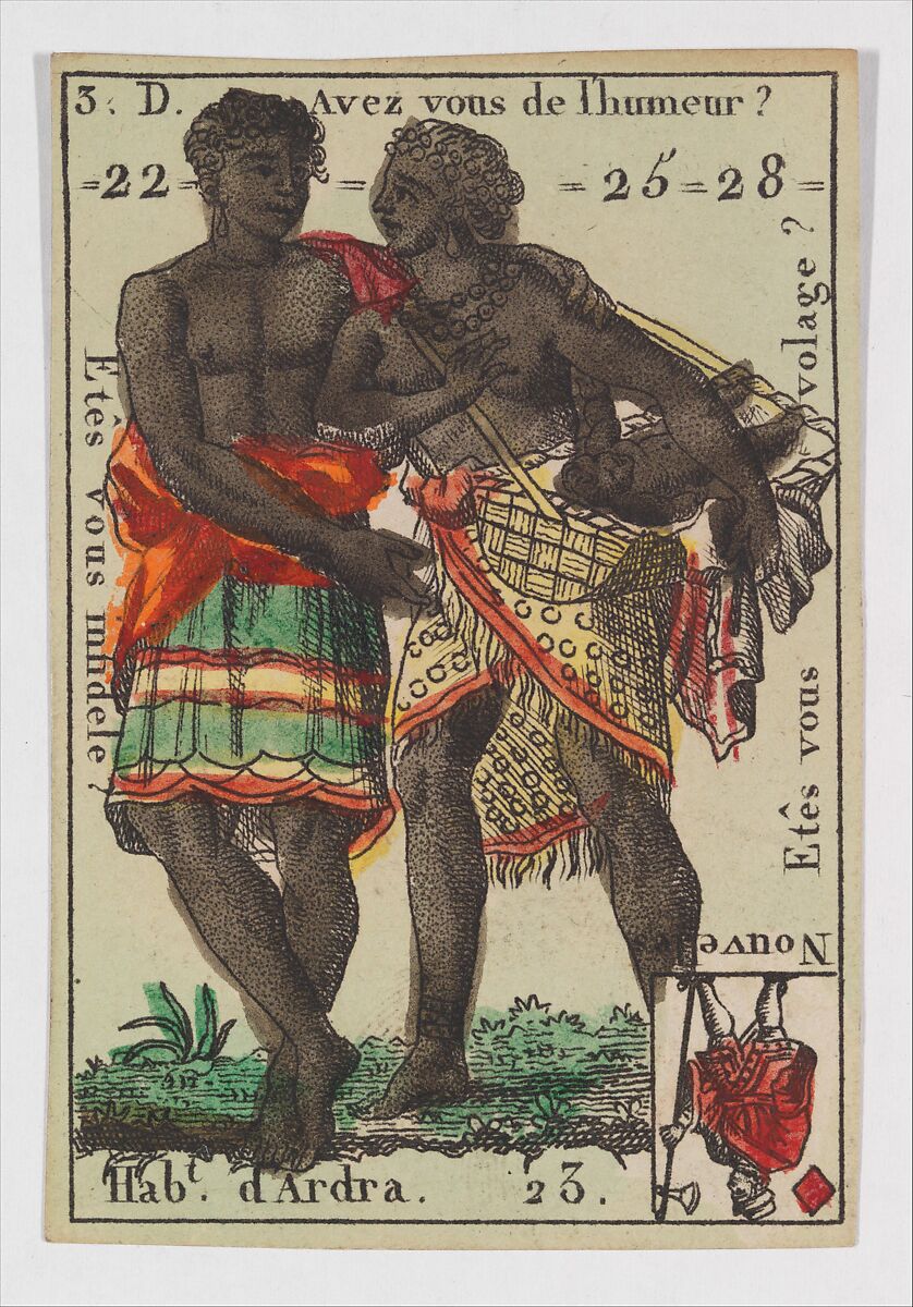 Hab.t d'Ardra, from the playing cards (for quartets) "Costumes des Peuples Étrangers", Anonymous, French, 18th century, Etching and hand coloring (watercolor) 