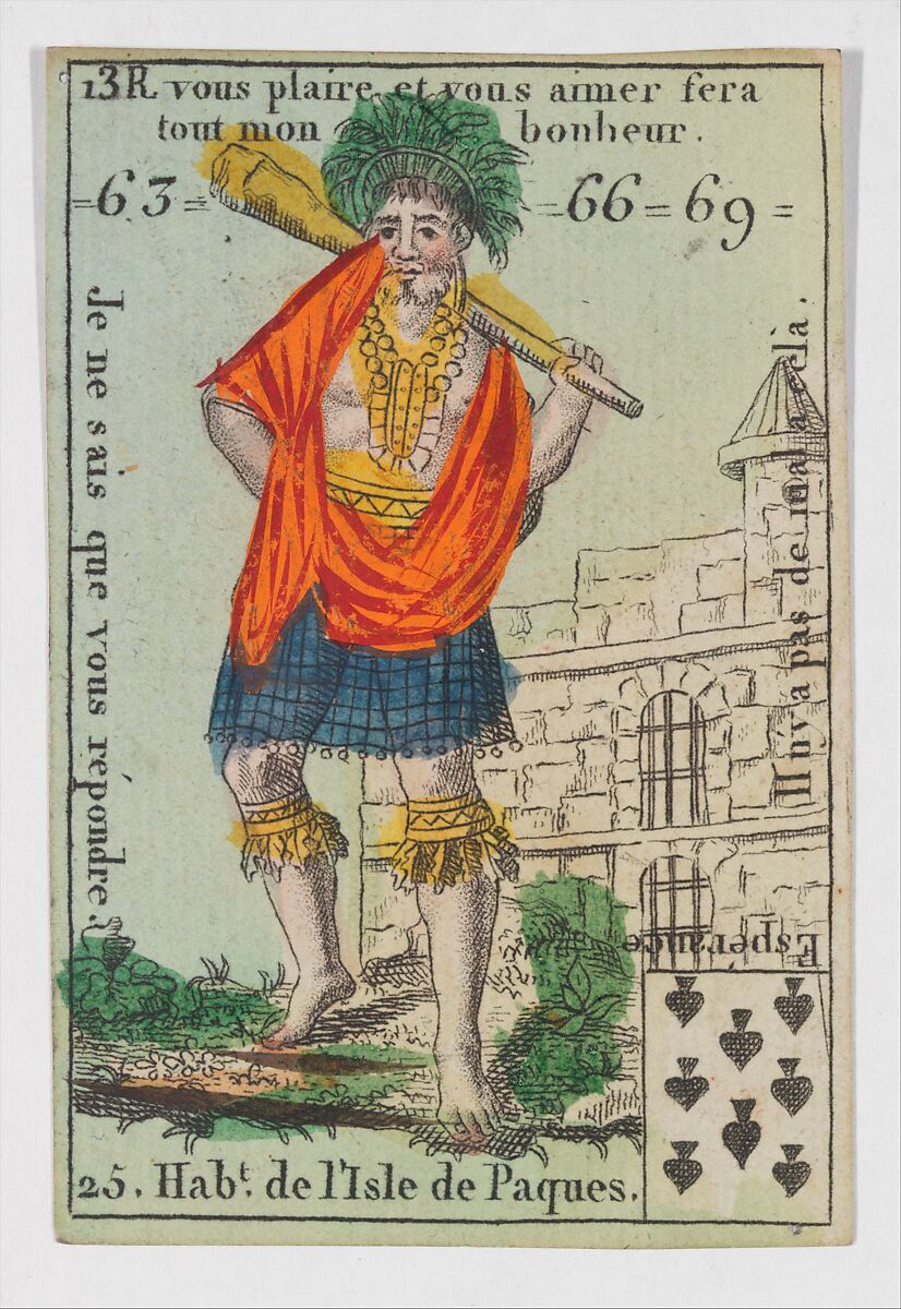 Hab.t de l'Isle de Paques, from the playing cards (for quartets) "Costumes des Peuples Étrangers", Anonymous, French, 18th century, Etching and hand coloring (watercolor) 