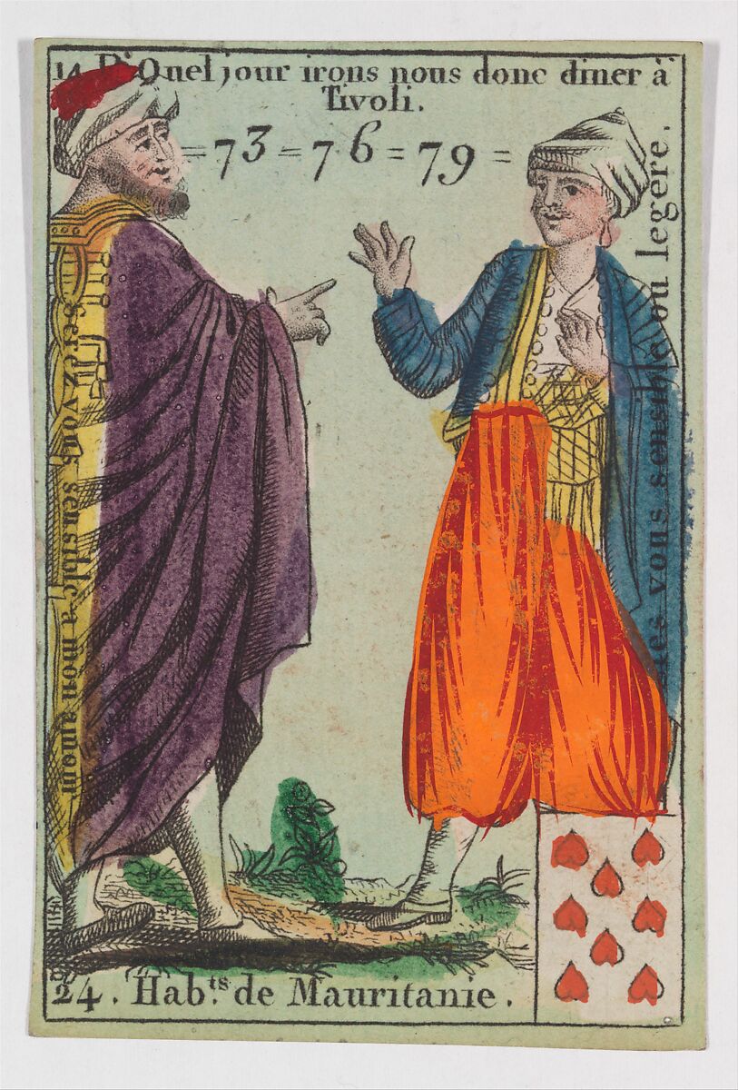 Hab.ts de Mauritanie, from the playing cards (for quartets) "Costumes des Peuples Étrangers", Anonymous, French, 18th century, Etching and hand coloring (watercolor) 