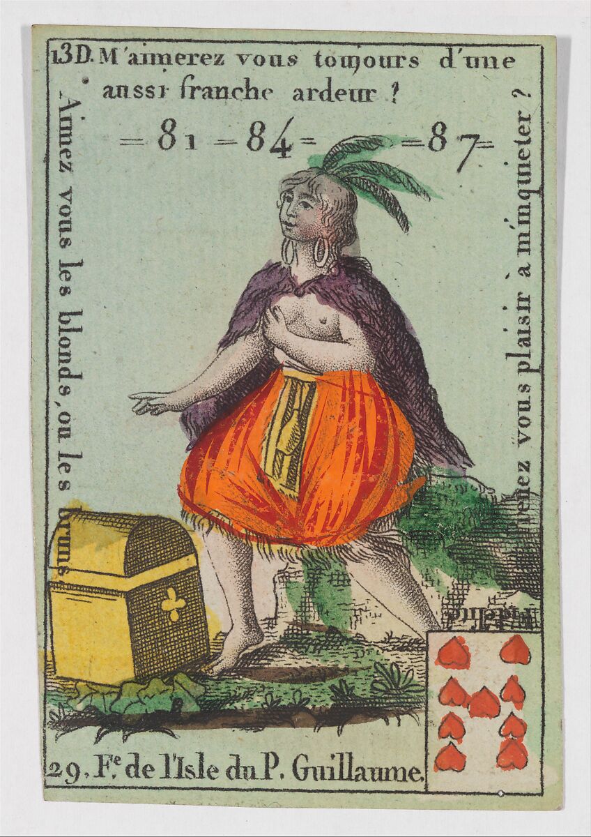 F.e de l'Isle du P. Guillaume, from the playing cards (for quartets) "Costumes des Peuples Étrangers", Anonymous, French, 18th century, Etching and hand coloring (watercolor) 