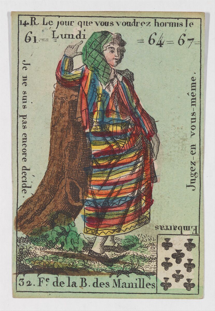 F.e de la B. des Manilles, from the playing cards (for quartets) "Costumes des Peuples Étrangers", Anonymous, French, 18th century, Etching and hand coloring (watercolor) 