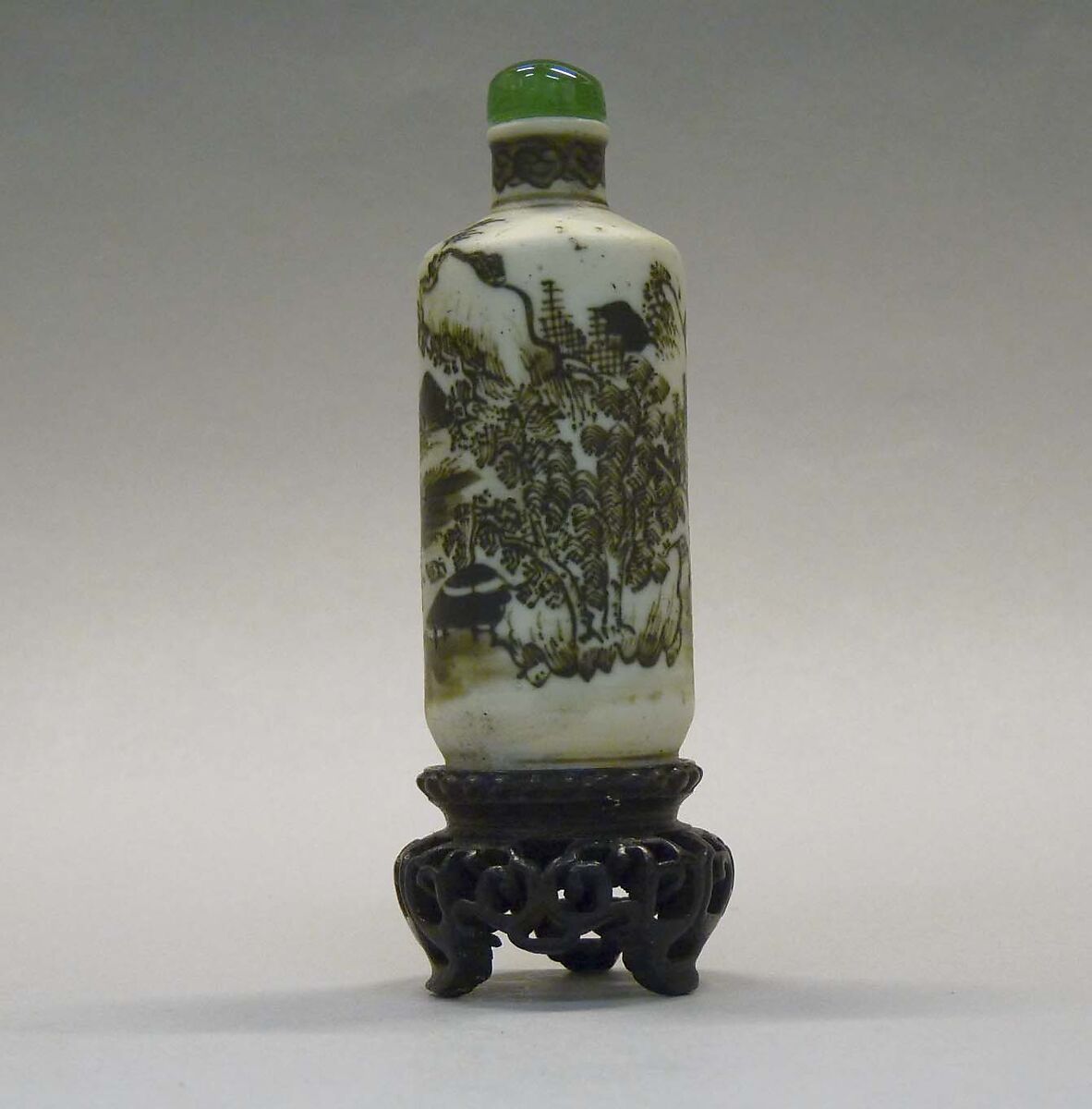 Snuff Bottle, Biscuit porcelain decorated with brown black enamels, green glass stopper, China 