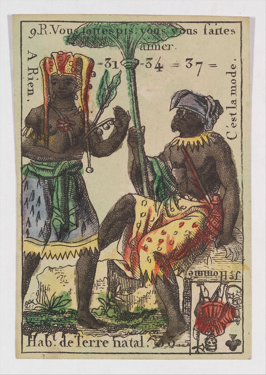 Hab.t de Terre natal, from the playing cards (for quartets) "Costumes des Peuples Étrangers", Anonymous, French, 18th century, Etching and hand coloring (watercolor) 