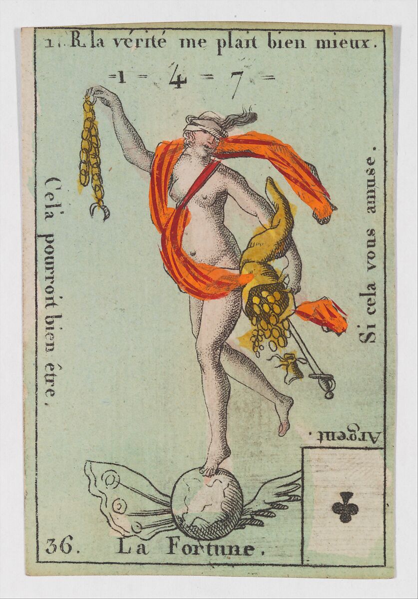La Fortune, from the playing cards (for quartets) "Costumes des Peuples Étrangers", Anonymous, French, 18th century, Etching and hand coloring (watercolor) 