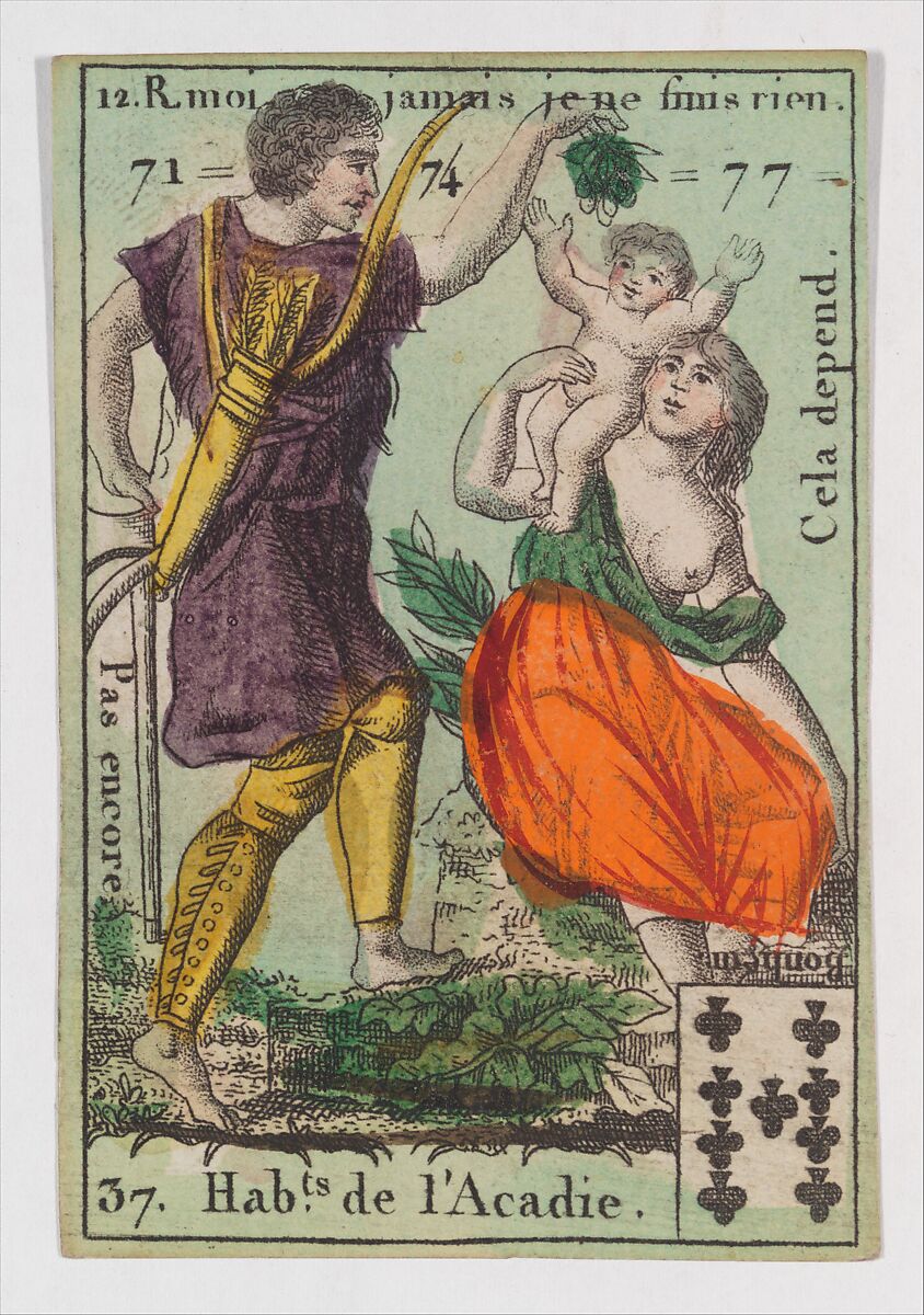 Hab.t de l'Acadie, from the playing cards (for quartets) "Costumes des Peuples Étrangers", Anonymous, French, 18th century, Etching and hand coloring (watercolor) 