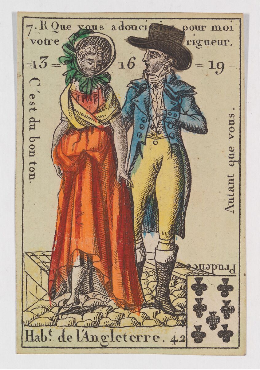Hab.t de l'Angleterre, from the playing cards (for quartets) "Costumes des Peuples Étrangers", Anonymous, French, 18th century, Etching and hand coloring (watercolor) 