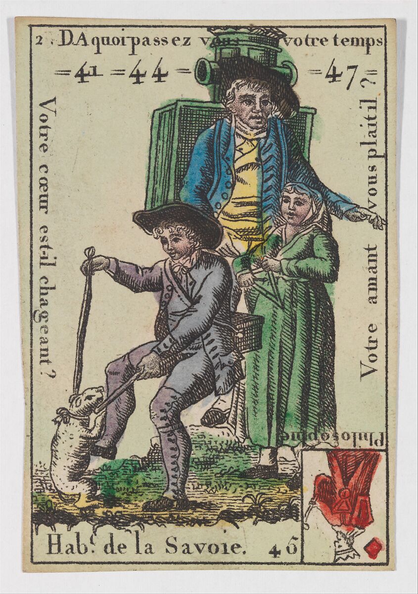 Hab.t de la Savoie, from the playing cards (for quartets) "Costumes des Peuples Étrangers", Anonymous, French, 18th century, Etching and hand coloring (watercolor) 