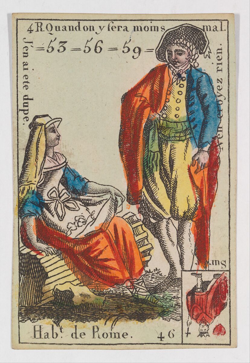 Hab.t de Rome, from the playing cards (for quartets) "Costumes des Peuples Étrangers", Anonymous, French, 18th century, Etching and hand coloring (watercolor) 