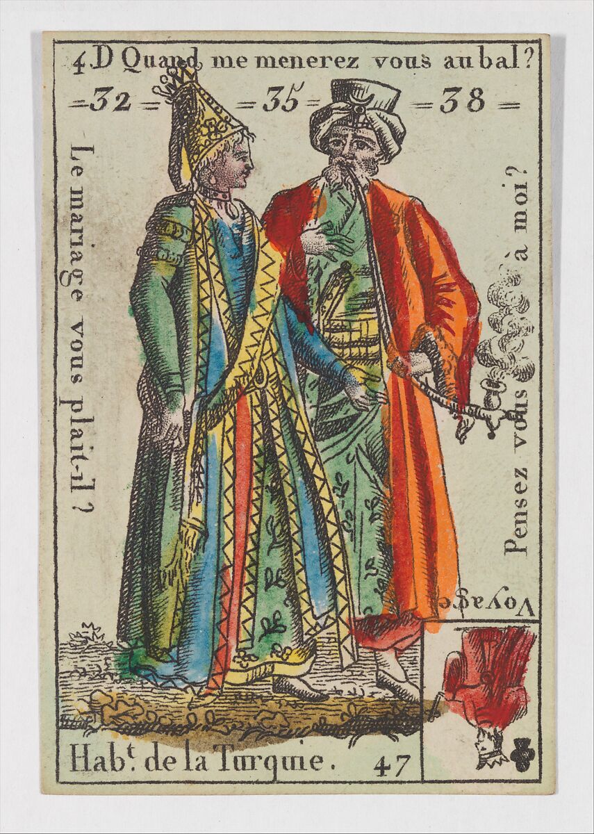 Hab.t de la Turquie, from the playing cards (for quartets) "Costumes des Peuples Étrangers", Anonymous, French, 18th century, Etching and hand coloring (watercolor) 