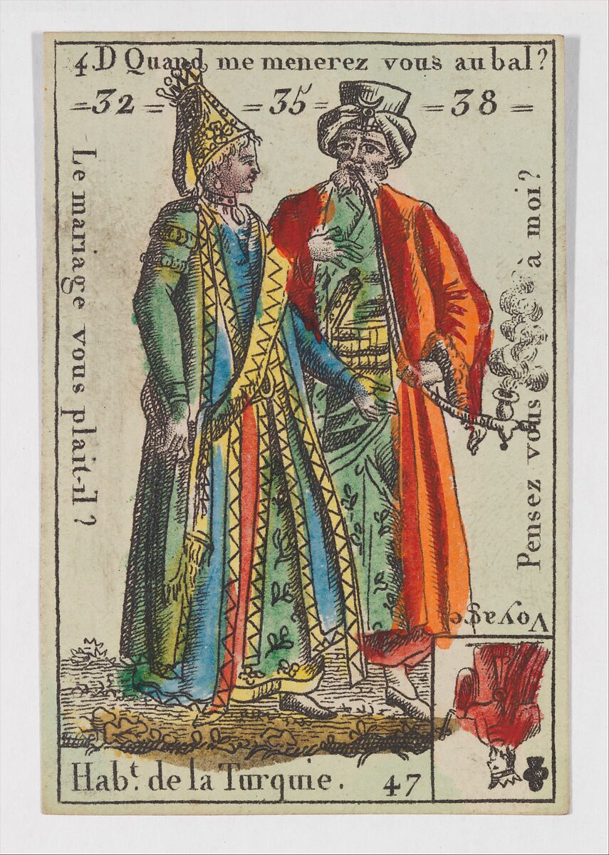 Hab.t de la Turquie, from the playing cards (for quartets) "Costumes des Peuples Étrangers", Anonymous, French, 18th century, Etching and hand coloring (watercolor) 