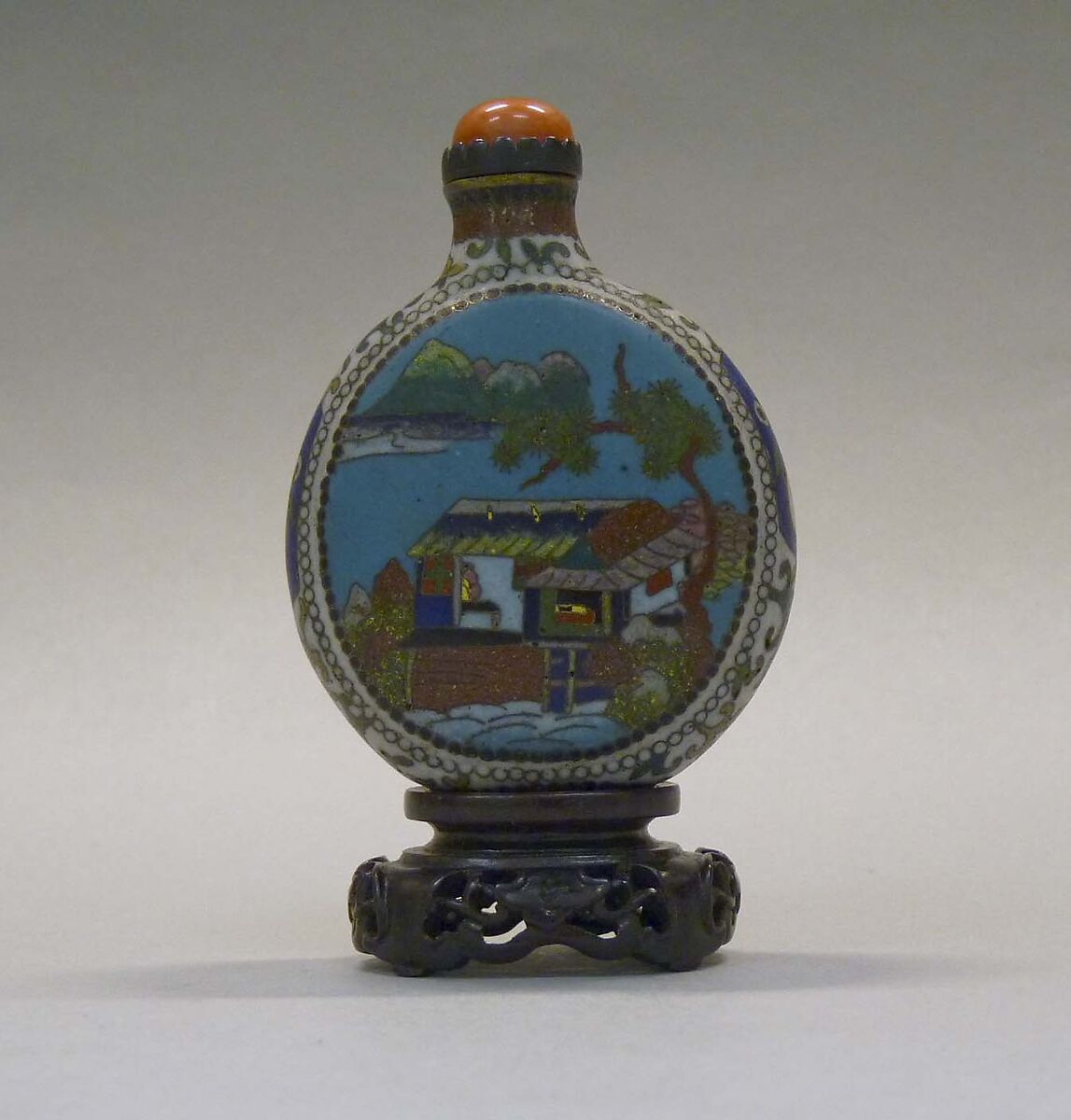 Snuff Bottle, Cloisonné; coral, China 