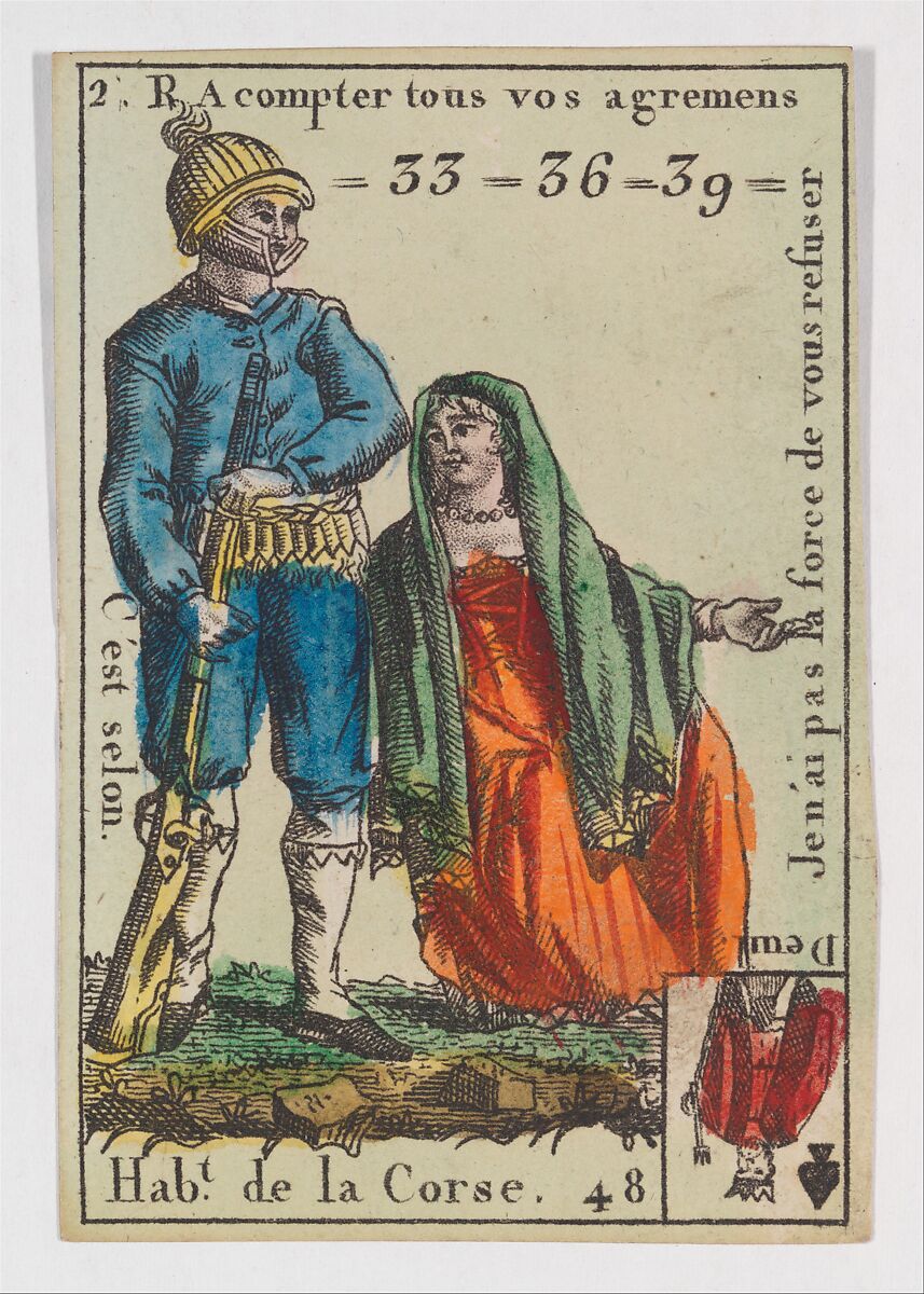 Hab.t de la Corse, from the playing cards (for quartets) "Costumes des Peuples Étrangers", Anonymous, French, 18th century, Etching and hand coloring (watercolor) 