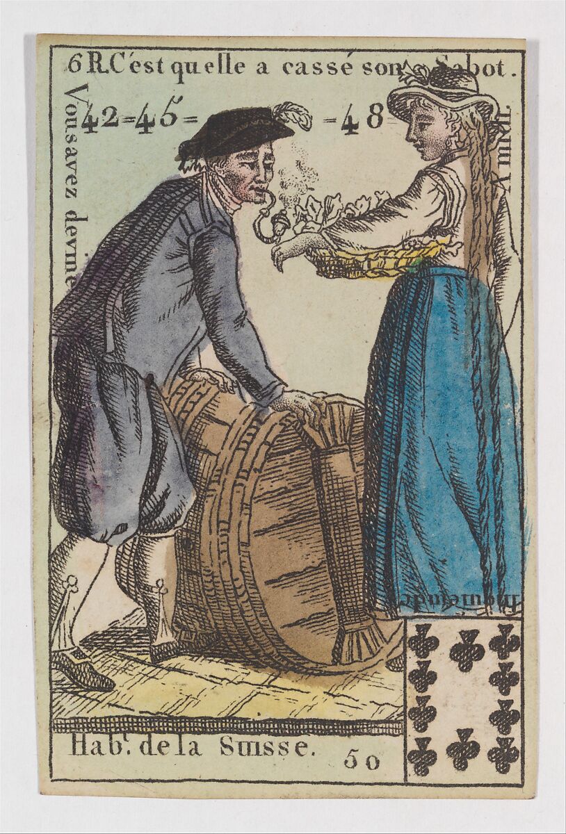 Hab.t de la Suisse, from the playing cards (for quartets) "Costumes des Peuples Étrangers", Anonymous, French, 18th century, Etching and hand coloring (watercolor) 