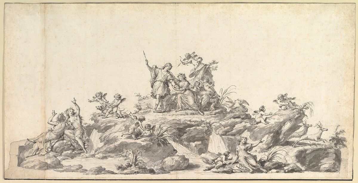 Design for the Fontana di Venere e Adone, Reggia di Caserta, Naples, Fedele Fischetti (Italian, Naples 1732–1792 Naples), Pen and black ink, gray wash, over black chalk 